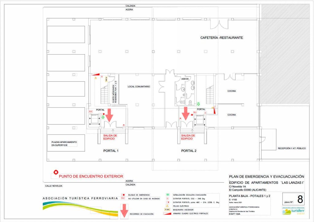 Plano de evacuación de los apartamentos de Las Lanzas I de ATF Turisferr en El Campello.